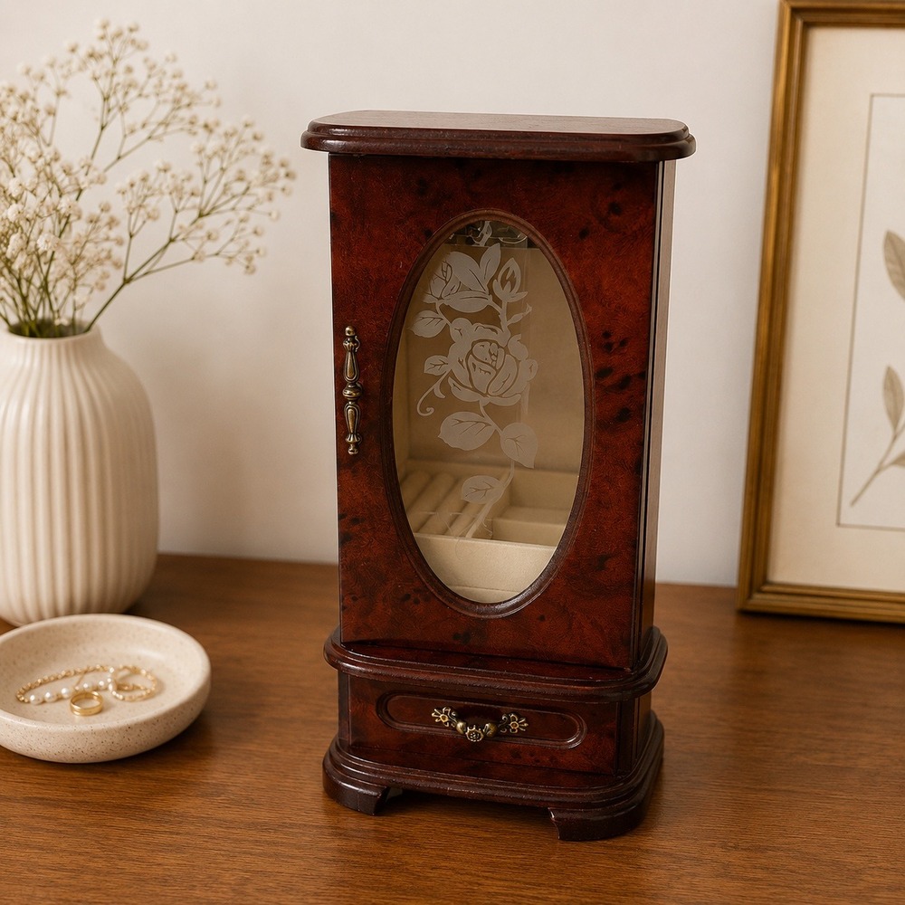 Vintage Burl Wood Jewelry Armoire Etched Rose Glass Door Necklace Carousel 11.5"